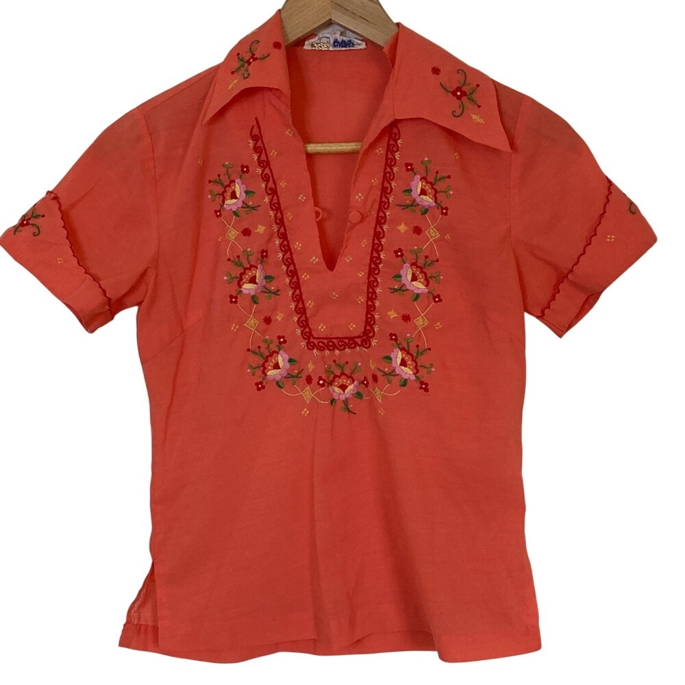 Vtg‎ Lily Womens Embroidered Orange Short Sleeve Blouse Size XS Mexican Retro